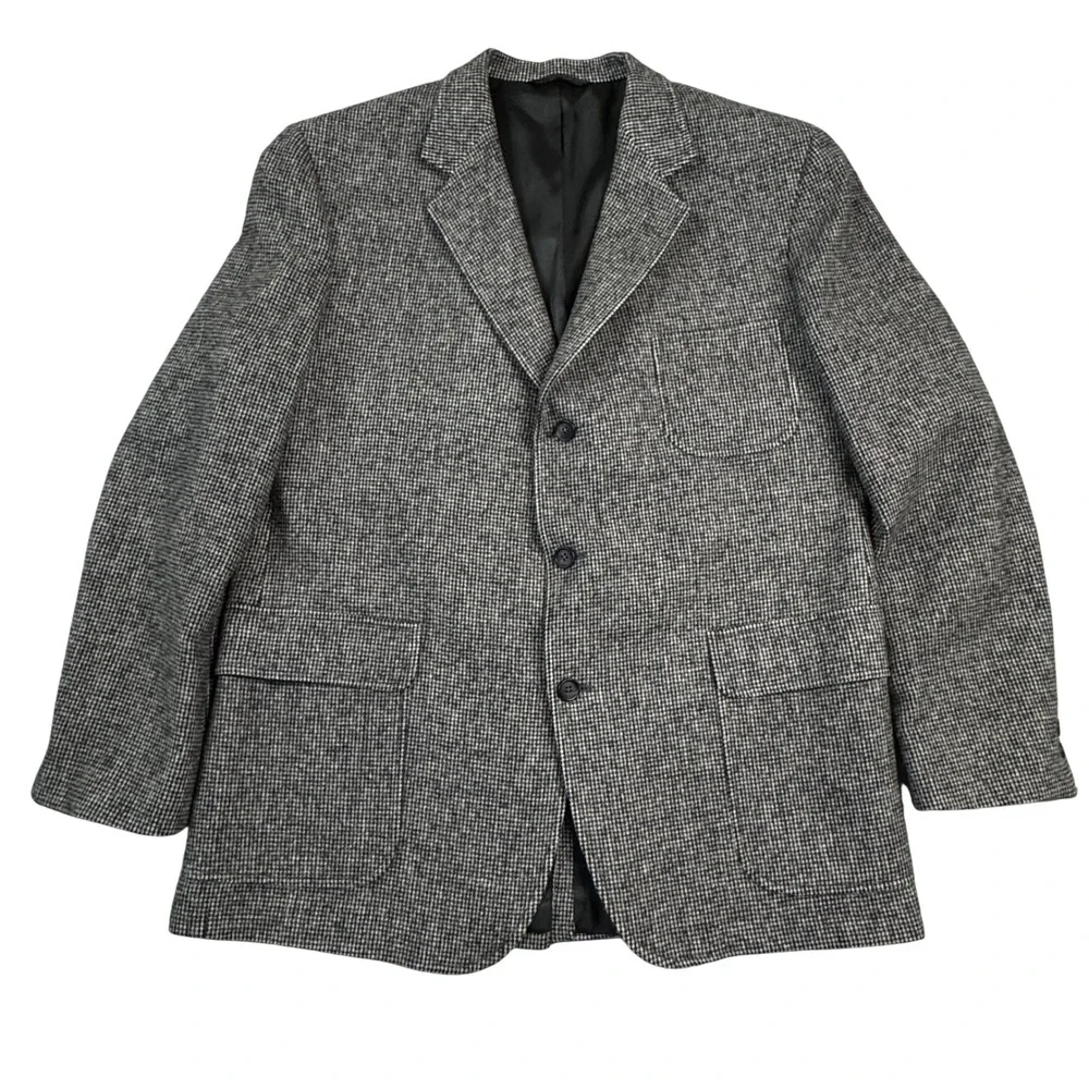 Huntington Mens 44L Blazer Sport Coat Grey Black Micro Check Made in USA 44 Long